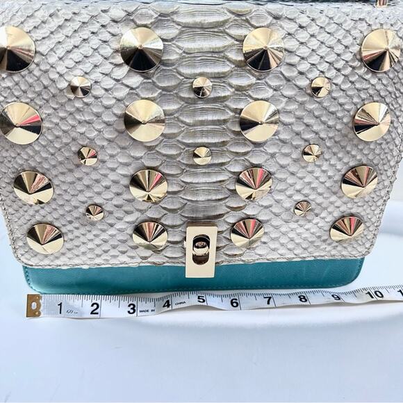 Be&D Turquoise Studded Gold  Hardware Textured Snakeskin Shoulder Handbag - Picture 8 of 15